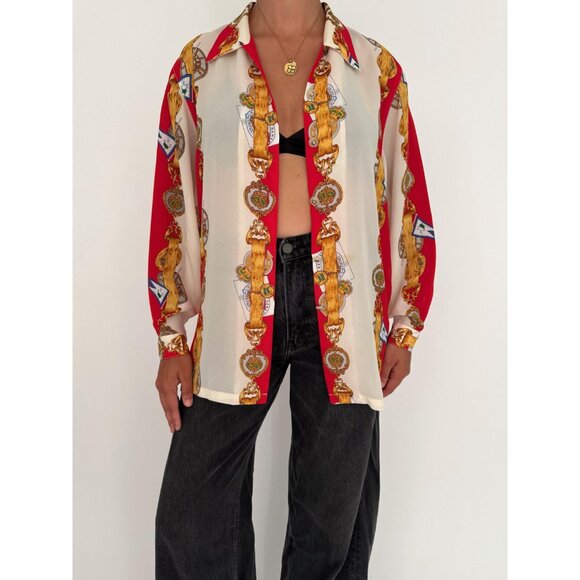 90s vintage red baroque nautical print collared sheer button up blouse shirt - Picture 3 of 10